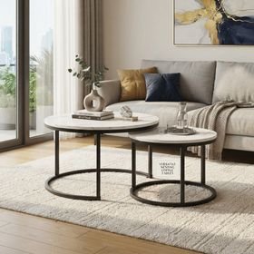 2-Piece Round Nested Coffee Table Set with Wood Finish & Metal Frame