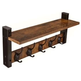 Wooden wall shelf with hanging metal hooks