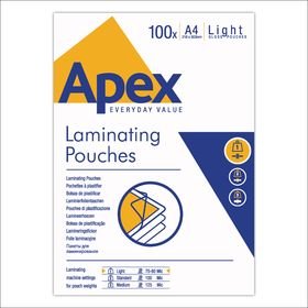 Apex Laminating Pouches, Light A4 Gloss, 150 Micron, 100 Pack
