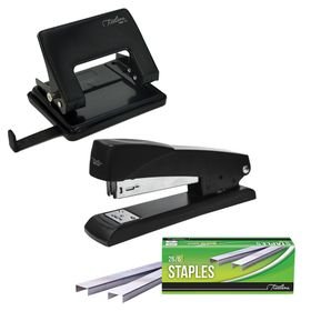 Treeline Metal Stapler & Punch Combo + Box of Staples - Black
