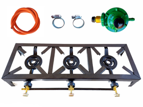 3 Burner, Triple Gas Burner, 4 Legged with Hose And Regulator Set