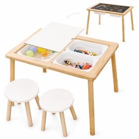 Chenshia Wooden Kids Sensory Activity Table with 3 Foldable Bins& 2 Stools