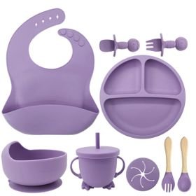 9 Pcs Baby Silicone Plate With Lid Waterproof Cup Wood Spoon Fork Bowl Set