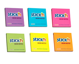Stick'n Neon Adhesive Sticky Notes 76x76mm- Assorted Pack of 6