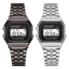 2 Retro Classic Design Steel Digital Wristwatch - Black- Silver