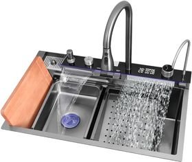 Slyhaw Multifunctional LED Modern Kitchen Sink Waterfall Push Button Temp